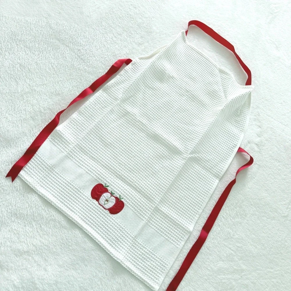 White Waffle Weave Bib‎ Apron Red Ties Embroidered Apple Fruit RN 75343 Turkey